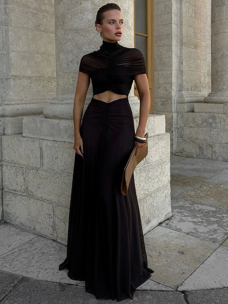 Mozision Hollow Out Short Sleeve Sexy Maxi Dress Women Fashion O Neck Ruched High Waist Bodycon Club Party Long Dress Female