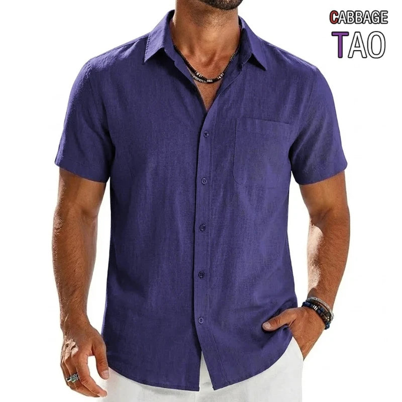 Mens Summer Solid Color Short Sleeve Tees and Premium Breathable Elegant Casual Shirts Hawaiian Inspired Cotton Linen Tops