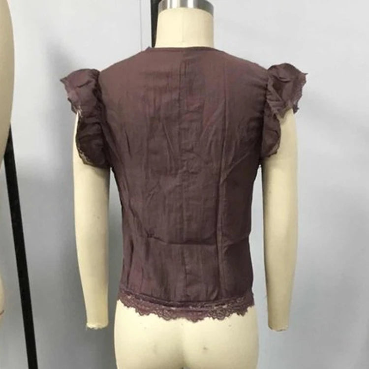 Women Boho Deep V Lace Trim Flutter Sleeve Chiffon Blouse, Sheer Tie Waist Vintage Cropped Vacation Top
