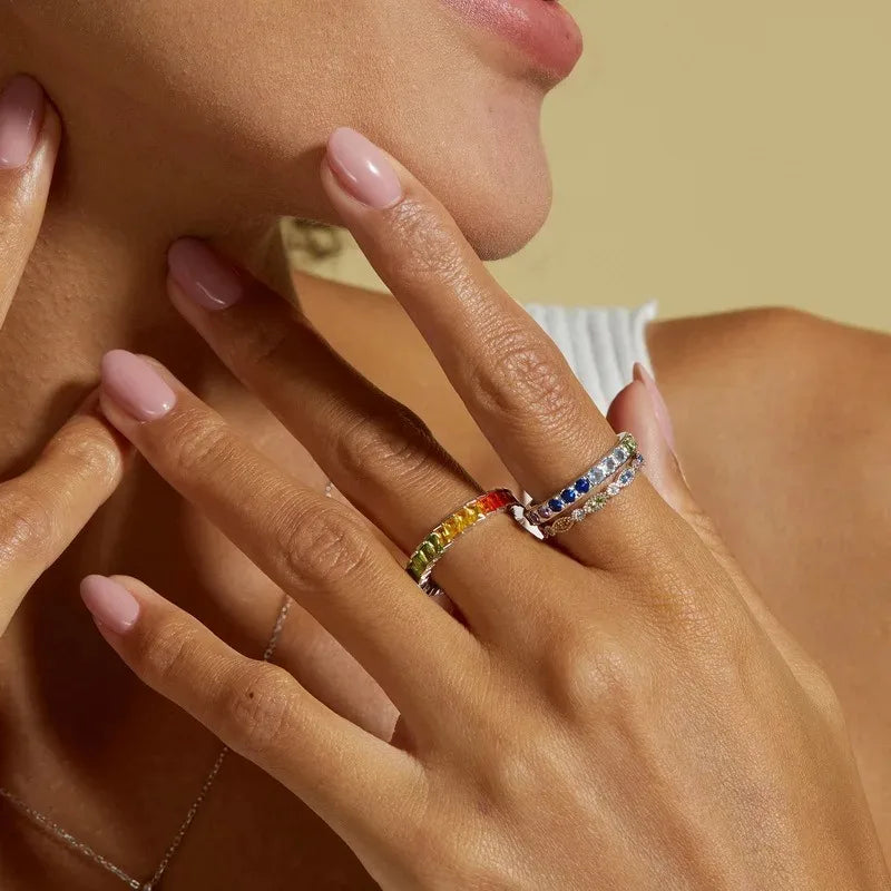 ALLNOEL Rainbow Band Ring for Woman Pure 925 Sterling Sliver 5A Zircon Eternity Fine Jewelry Colorful Engagement Birthday Gifts