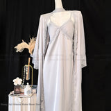 New Female Long Robe Nightgown Set Sexy Lace Trim Sleepwear Suspender Nightdress Spring Summer Casual Satin Home Dress Bathrobe