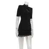 Lace Patchwork Hollow Out Bodycon Sheath High Collar Women Dresses Half Sleeves Outfits Sexy Club Fashion Female Mini Vestidos