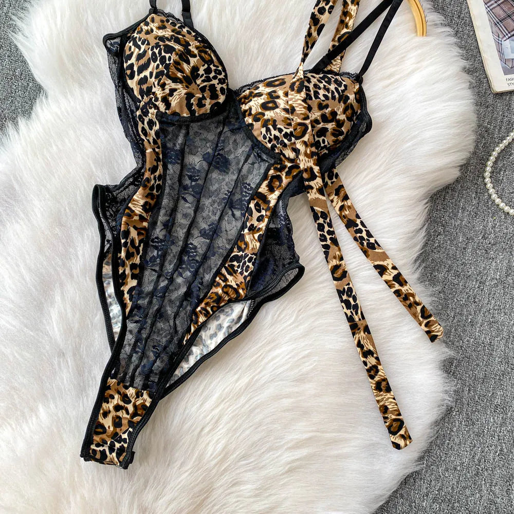 Women Hotsweet V-neck leopard slim  Vintage Straps Bodysuits Chic lace Jumpsuits Slim Top Clothing
