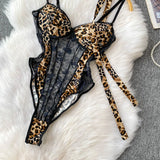 Women Hotsweet V-neck leopard slim  Vintage Straps Bodysuits Chic lace Jumpsuits Slim Top Clothing