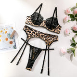 Krasapt Sexy Leopard Printing Lace Patchwork Women Lingerie 3Pcs Sets Romantic Mesh Perspective Intimates Underwear Erotic Set