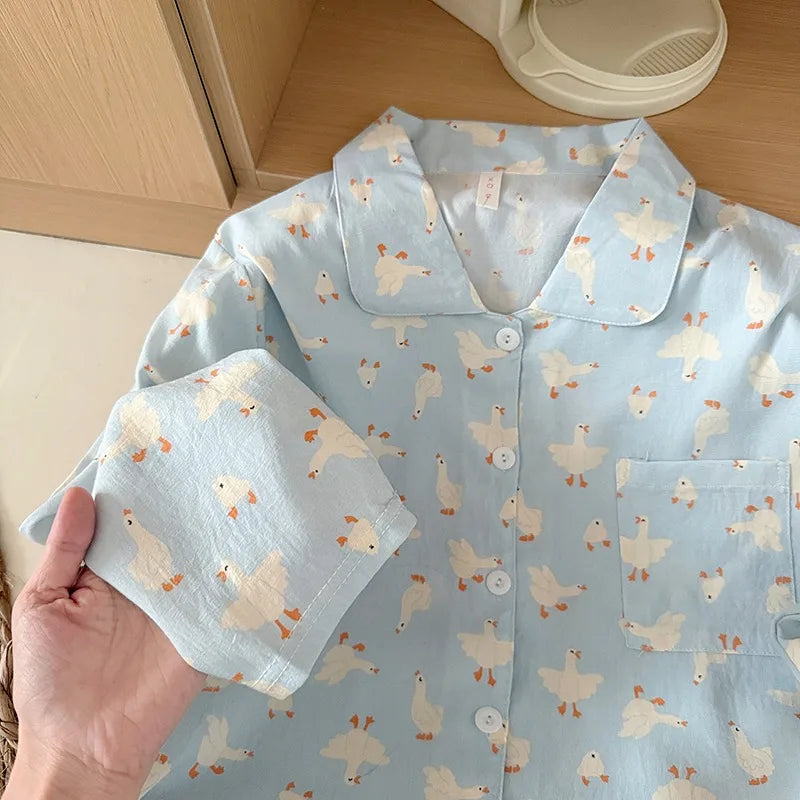 Sweet Cute Goose Print Korean Fashion Women's Pajamas Nightwear Kawaii Casual Lapel Neck Y2K Pajamas Set Autumn New Loungewear