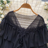 SINGREINY Chic Ruffles Splice Chiffon Blouse V Neck Flared Sleeve Loose Tops 2025 Fashion Solid Fairycore Vacation Women Shirt