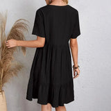 Women Summer Peplum Dresses Spring V-Neck Short Sleeve Loose Waist Ruffle Fit Flare Vocation Dresses