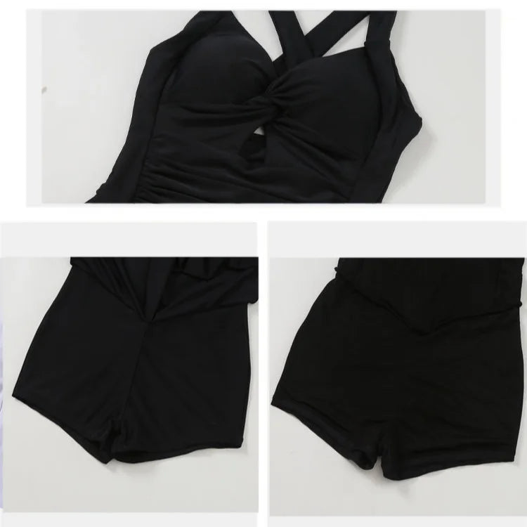 Swimming Suit for Women Solid Color Slimming One-piece Dress Style Conservative Waist Tightening Slimming Vacation Swimsuit