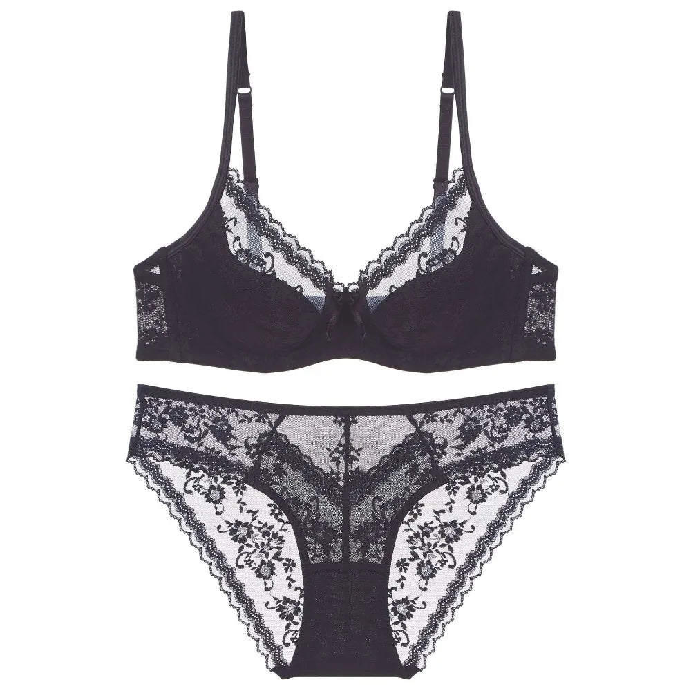 Summer Sexy Lace Embroidery Women Lingerie Set French Thin Cup Push Up Bra Comfort Breathable Underwear Ladies Bra Briefs Set