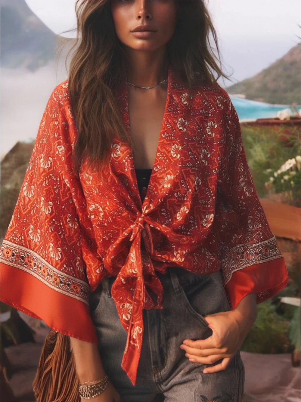 Boho Queens Red Floral Beach Kimono Short Robe Swimsuits Women Fashion Batwing Sleeves Rayon Bohemian Bikini Cover Ups Beachwear