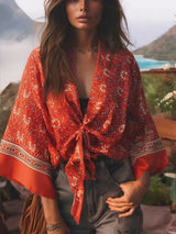 Boho Queens Red Floral Beach Kimono Short Robe Swimsuits Women Fashion Batwing Sleeves Rayon Bohemian Bikini Cover Ups Beachwear