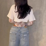 Sexy Women Crop Top+Lace Jacquard Full Sleeve Bodysuit Hottie Street Clubwear Slim Fit Wild Matching Basic Skinny Tees+Jumpsuit