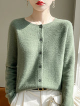Women 100% Merino Wool Cardigan Soft O-Neck Cashmere Sweater OL Buttoned Knitwear Casual Top Clothing Korean Style