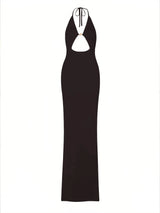 Sexy Knit Halter V Neck Slit Beach Maxi Dress For Women 2026 Chic Button Cut Out Backless Party Dresses Swimwear Cover Up A3151