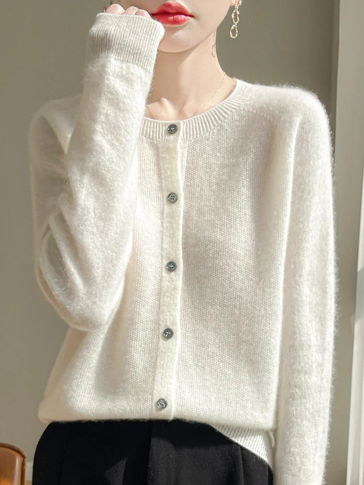 Women 100% Merino Wool Cardigan Soft O-Neck Cashmere Sweater OL Buttoned Knitwear Casual Top Clothing Korean Style