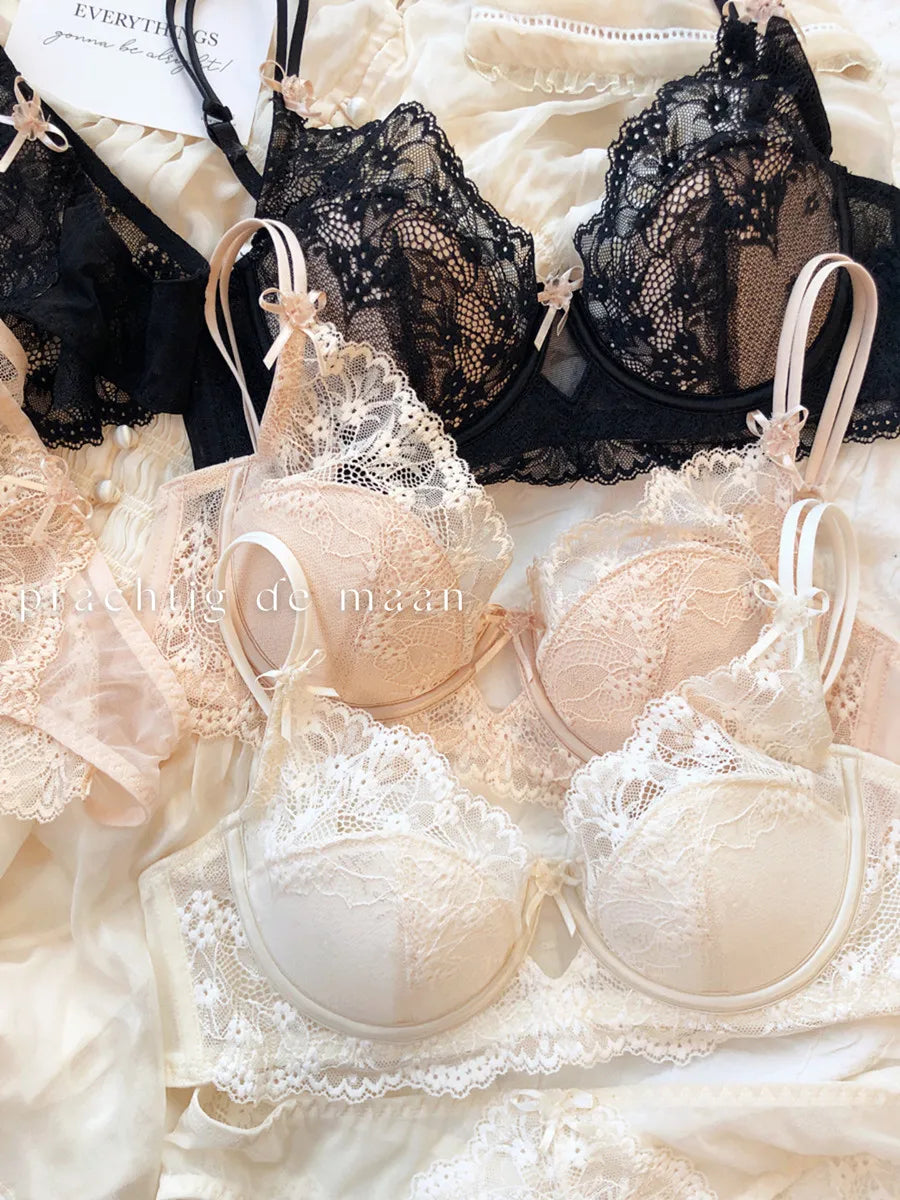 New Women Lingerie Set Sexy Lace Push Up Bra French 3/4 Thin Cup Bralette Cute Bow Decoration Underwear Comfort Bras Briefs Sets
