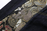 Men Embroidery Denim Shorts Black Hiphop Jeans Pants Cherry Blossom Dragon Totem Washed Zipper Cotton Summer cherry blossoms 024
