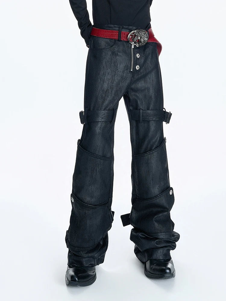 Mauroicardi Spring Long Black Distressed Waxed Cotton Denim Pants Man Metal Buckle Strap Streetwear Jeans Fashion Man Clothing