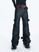 Mauroicardi Spring Long Black Distressed Waxed Cotton Denim Pants Man Metal Buckle Strap Streetwear Jeans Fashion Man Clothing