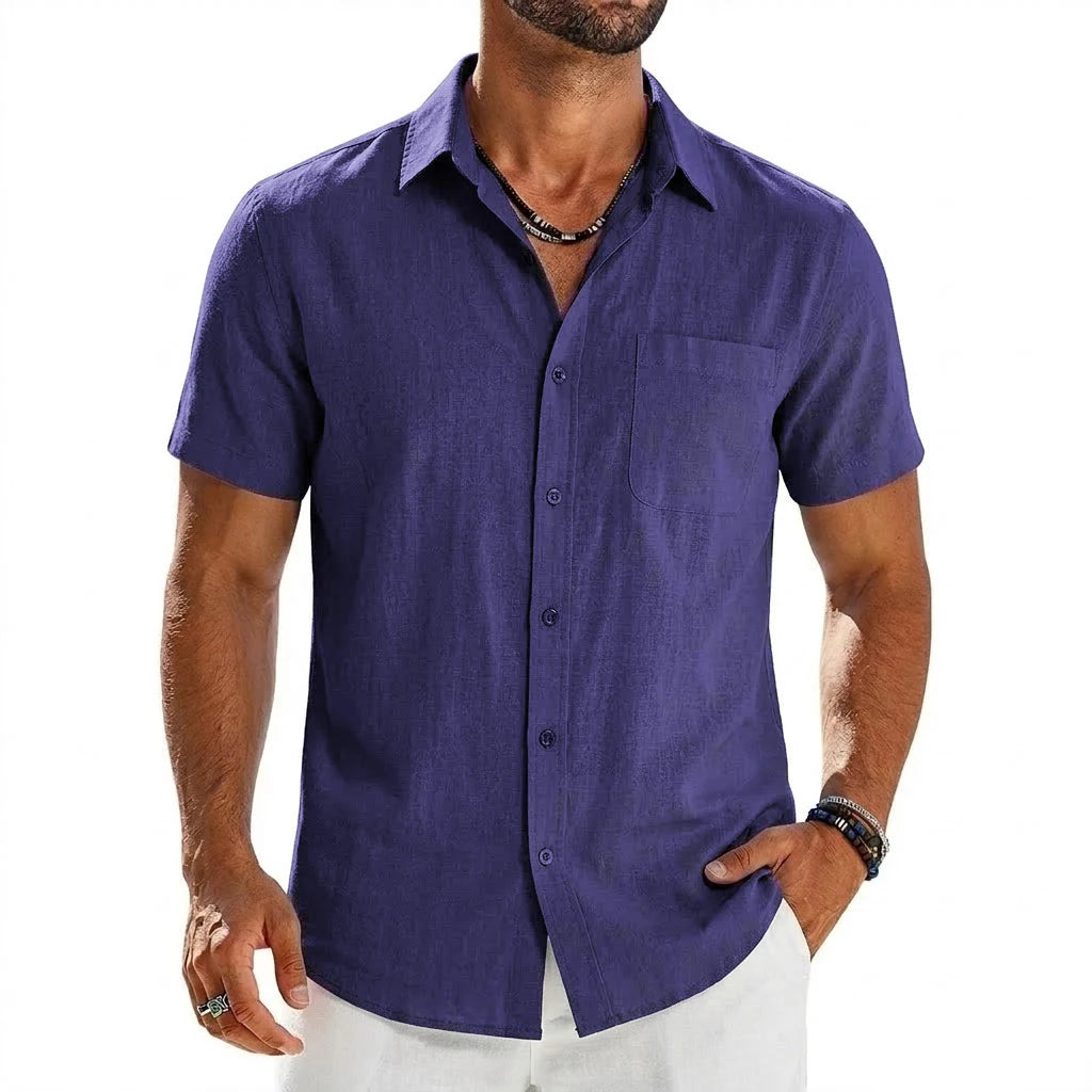 Mens Summer Solid Color Short Sleeve Tees and Premium Breathable Elegant Casual Shirts Hawaiian Inspired Cotton Linen Tops