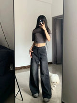 Korean Vintage High Waist Women's Jeans Y2K Slimming Pear-Shaped Loose Straight Bell Bottoms Black Gray Baggy Denim Trousers