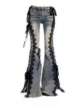 Retro Eyelets Lace Up Flare Jeans Stitch Lace Whiskers Slim Low Rise Split Bootcut Pants Women Bell Bottoms Streetwear