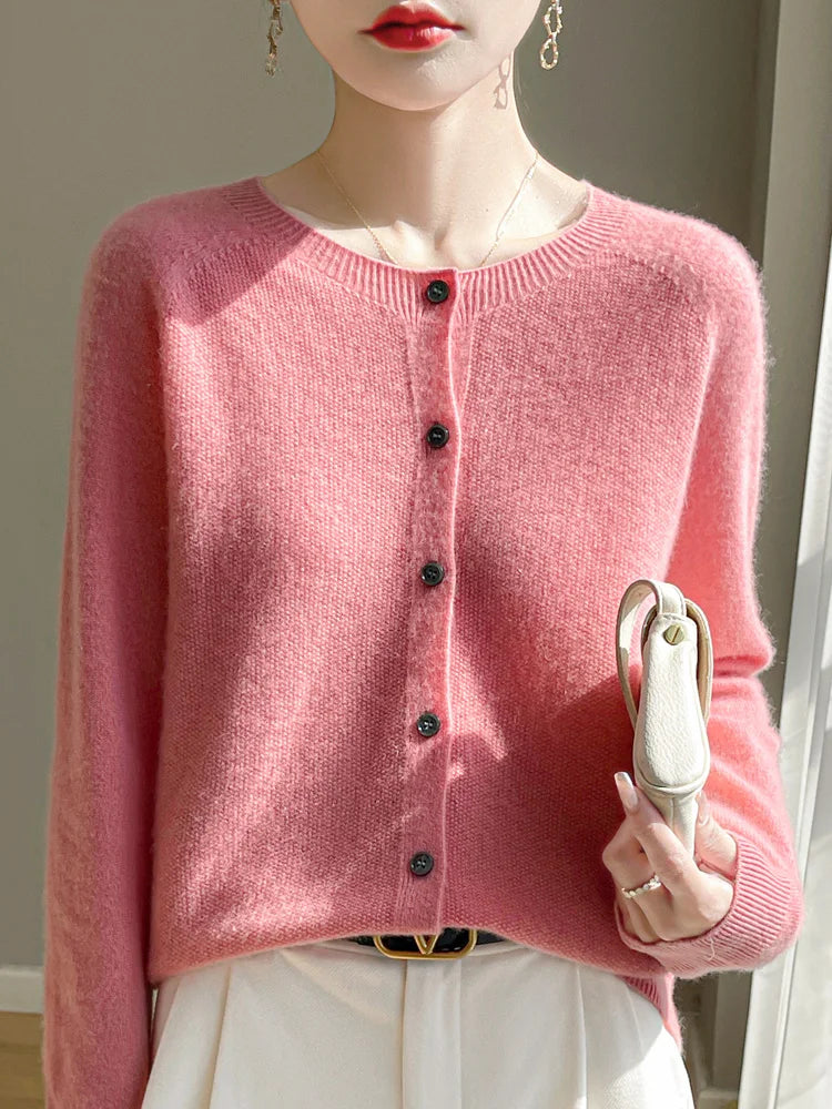 Women 100% Merino Wool Cardigan Soft O-Neck Cashmere Sweater OL Buttoned Knitwear Casual Top Clothing Korean Style