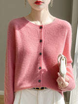 Women 100% Merino Wool Cardigan Soft O-Neck Cashmere Sweater OL Buttoned Knitwear Casual Top Clothing Korean Style