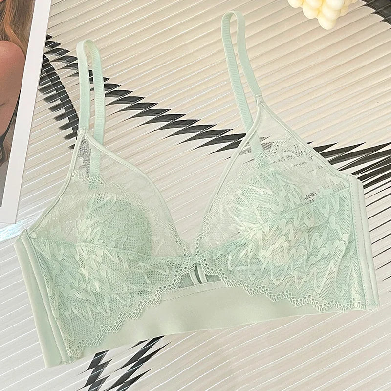 Sexy Lace Crop Top Deep V Backless Camisole Hollow Mesh Bra Female Solid Color Seamless Underwear Removable Chest Pad Tank Top