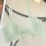 Sexy Lace Crop Top Deep V Backless Camisole Hollow Mesh Bra Female Solid Color Seamless Underwear Removable Chest Pad Tank Top