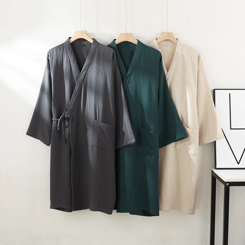 Kimono Robes for Men's and Women's Sleepwear Cotton Yarn Bathrobe Tied Cardigan Thin Home Clothes Couple's Robes