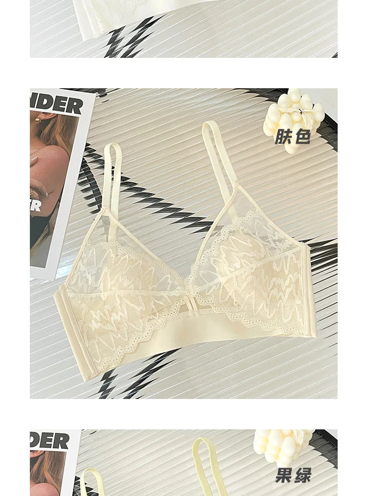 Sexy Lace Crop Top Deep V Backless Camisole Hollow Mesh Bra Female Solid Color Seamless Underwear Removable Chest Pad Tank Top