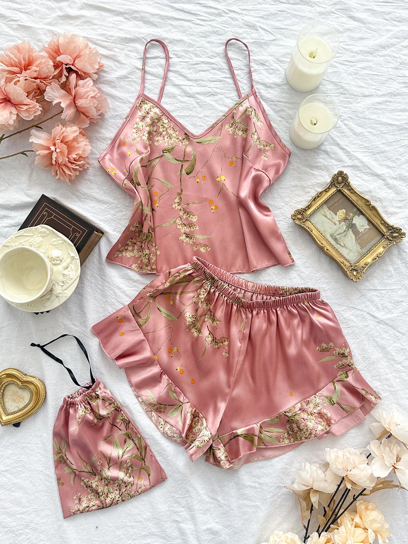 Elegant Floral Print Cami Tops Ruffle Hem Shorts Pajama Set  Women's Sleepwear Loungewear