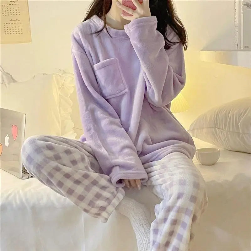 CHUANGERM Winter Fleece Thick Warm Soft Solid Casual Women's Pajamas Set Plaid Top And Pants Home Suit Pyjamas