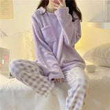 CHUANGERM Winter Fleece Thick Warm Soft Solid Casual Women's Pajamas Set Plaid Top And Pants Home Suit Pyjamas