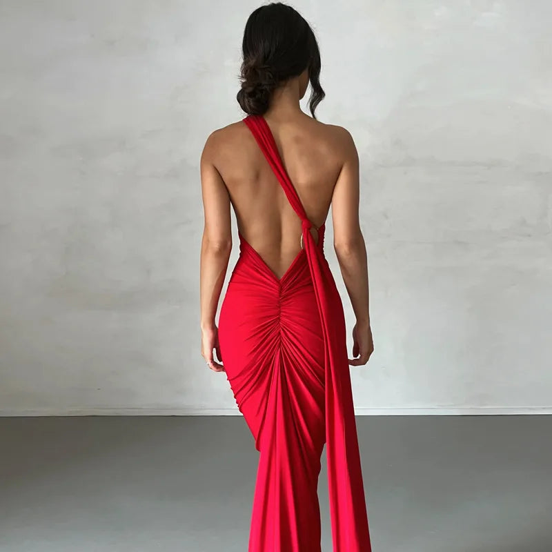Hugcitar One Shoulder Backless Adjustable Scarf Loop Ruched Sexy Maxi Dress Women Elegant Y2K Streetwear Festival Outfit