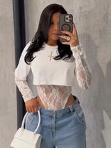 Sexy Women Crop Top+Lace Jacquard Full Sleeve Bodysuit Hottie Street Clubwear Slim Wild Matching Basic Skinny Tees
