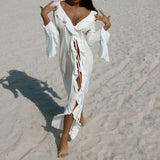 Beach Cover Up Cover-ups Dress Chiffon Long Sleeve Sunscreen Beachwear Womens Clothing Sexy V Neck Ruffled Black White New Tunic