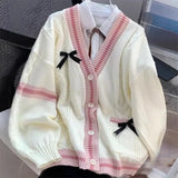 Casual Sweet Bow Cardigan Woman Autumn Winter Japanese Classic Preppy Style Knitted Coats Y2K Vintage Contrast Color V-Neck Tops