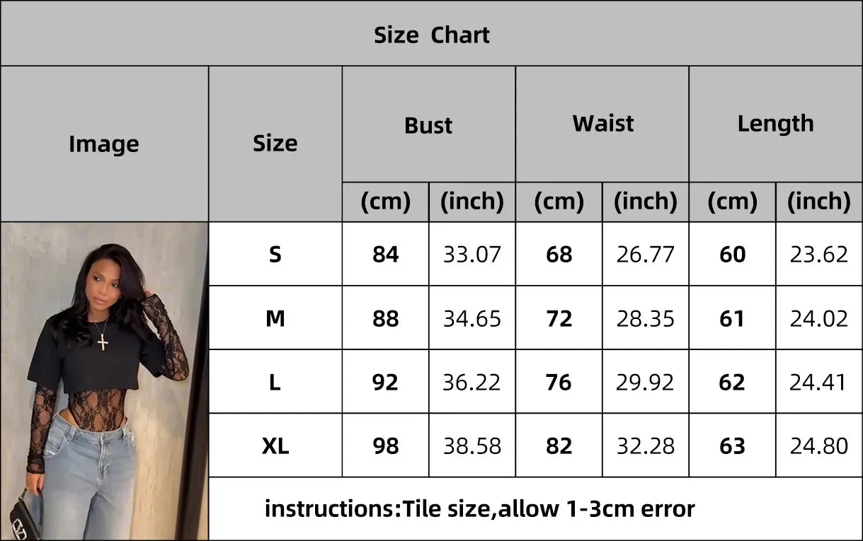 Sexy Women Crop Top+Lace Jacquard Full Sleeve Bodysuit Hottie Street Clubwear Slim Wild Matching Basic Skinny Tees