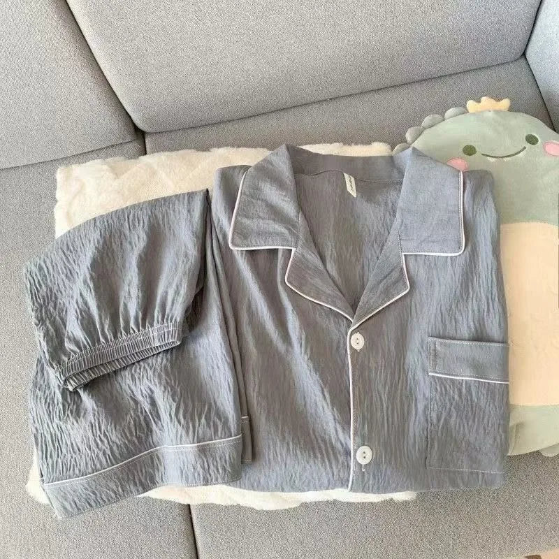 Youth Men's Slim Fit New Pajama Set Solid Color Short Sleeve Lapel Top and Elastic Shorts Pajamas Summer Loungewear Sleepwear
