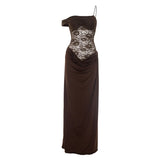 Mozision One Shoulder Lace See Through Sexy Maxi Dress Women Gown Fashion Off-shoulder Sleeveless Backless Club Long Dresses