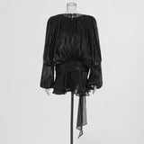 TWOTWINSTYLE Solid Blouse Mini Dresses For Women V Neck Long Sleeve Spliced Lace Up Sweet Style Dress Female Clothing Fashion