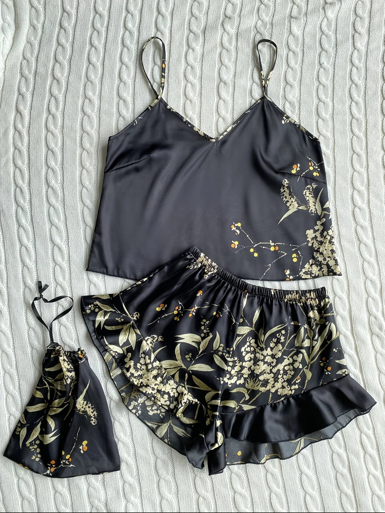 Elegant Floral Print Cami Tops Ruffle Hem Shorts Pajama Set  Women's Sleepwear Loungewear
