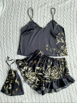Elegant Floral Print Cami Tops Ruffle Hem Shorts Pajama Set  Women's Sleepwear Loungewear