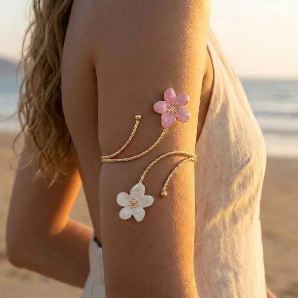 Bohemian Enamel Flower Cuff Bracelets for Women Fashion Gold Color Floral Upper Arm Open Bangle Beach Party Jewelry Gift