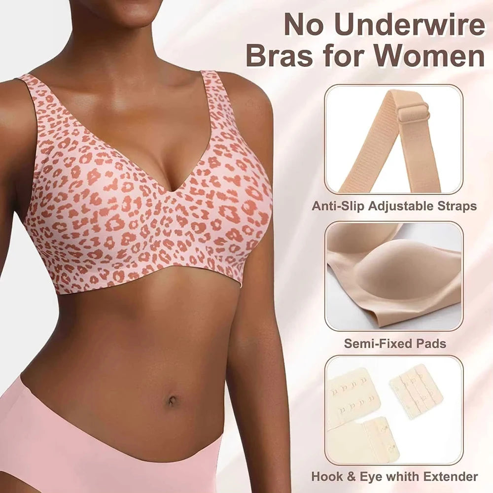 Deep V Jelly Bras Wireless Comfortable Bra Supportive No Underwire Bras Tshirt Push Up Bralette Pink Leopard Plunge Seamless Bra