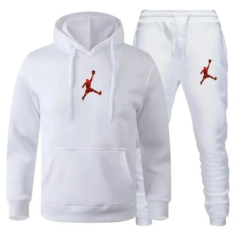 A 2-piece men's outdoor fitness sportswear set featuring a hooded long-sleeved sweatshirt, pullover and casual pants for autumn