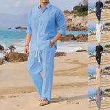 Spring, Summer Autumn New Men's Casual Long-Sleeved Set, Solid Shirt and Pants - Comfortable and Fashionable Two-Piece Set